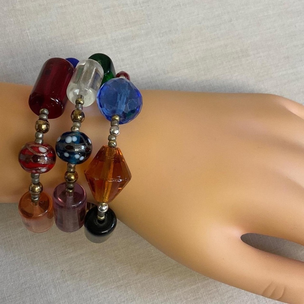 Lampwork Art Glass Memory Wire Layered Cuff Bracelet Multicolor Chunky